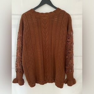 Brown Knit Sweater with Lace Sleeves
